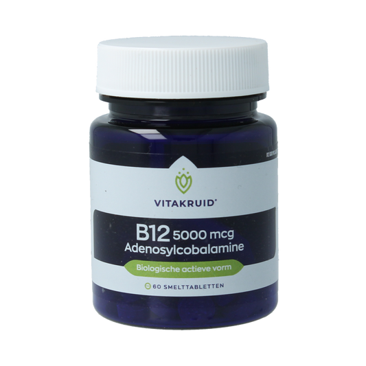 Vitakruid B12 5000 mcg active adenosylcobalamin vitamin tablets, 60 smooth tablets for energy support and health.