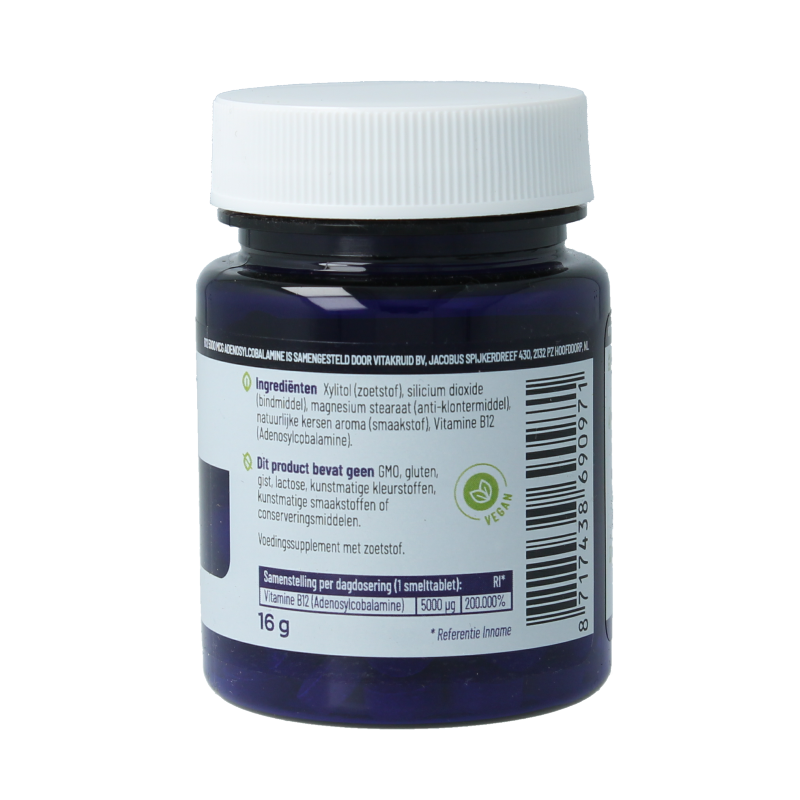 Vitakruid B12 5000 mcg active adenosylcobalamin supplement in 60 chewable tablets, vitamin B12 dietary supplement.