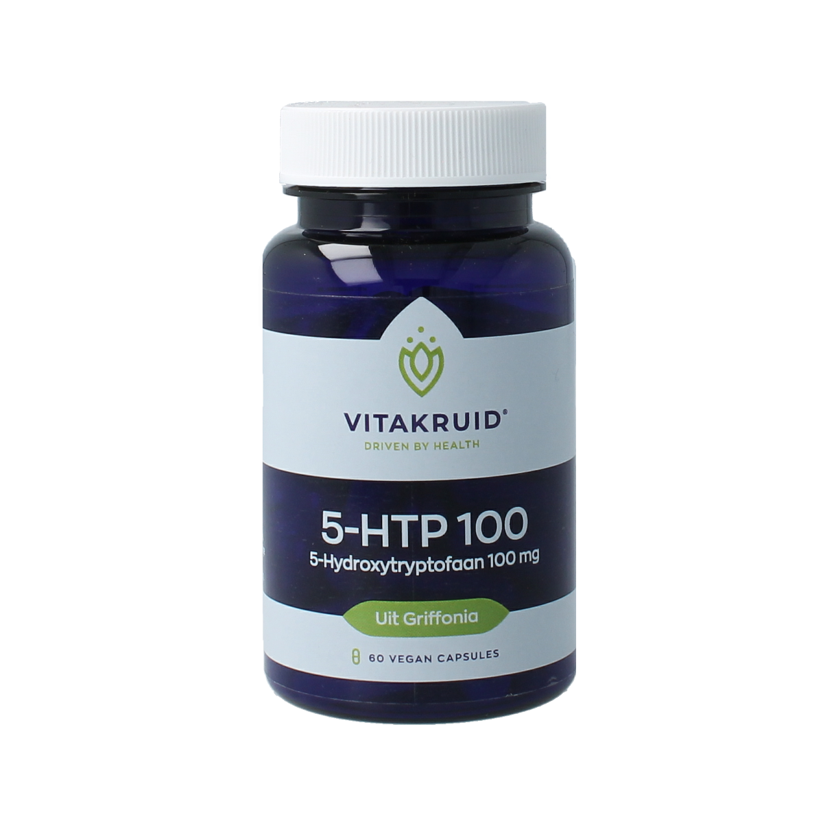 Vitakruid 5-HTP 100mg vegetarian capsules for herbal supplement, shown in clear container with label and capsules inside.