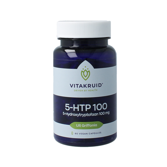 Vitakruid 5-HTP 100mg vegetarian capsules for herbal supplement, shown in clear container with label and capsules inside.