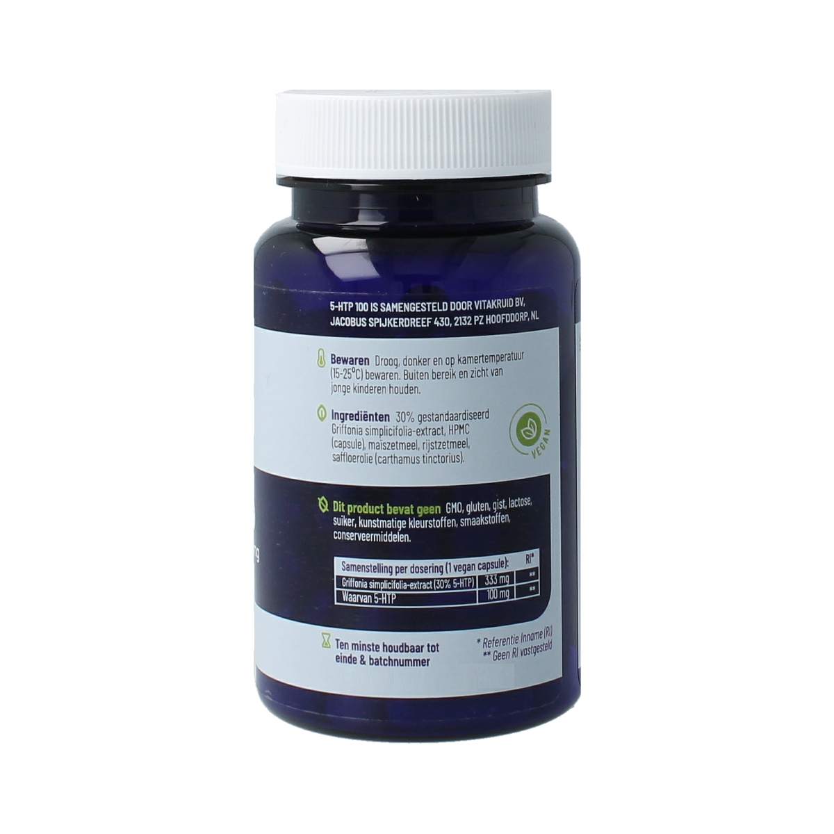 Vitakruid 5-HTP 100mg vegetarian capsules, herbal supplement in a clear container with green cap and label.
