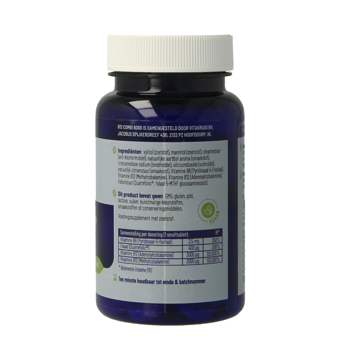 Vitakruid B12 Combi 6,000 with active folate, 60 meltable vitamin B12 supplement tablets in a blister pack