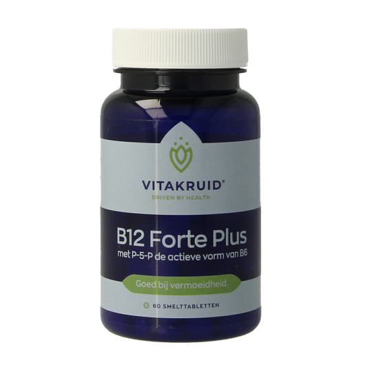 Vitakruid B12 Forte Plus 3,000 mcg vitamin B12 supplement in 60 meltable tablets, featuring P-5-P for enhanced absorption.