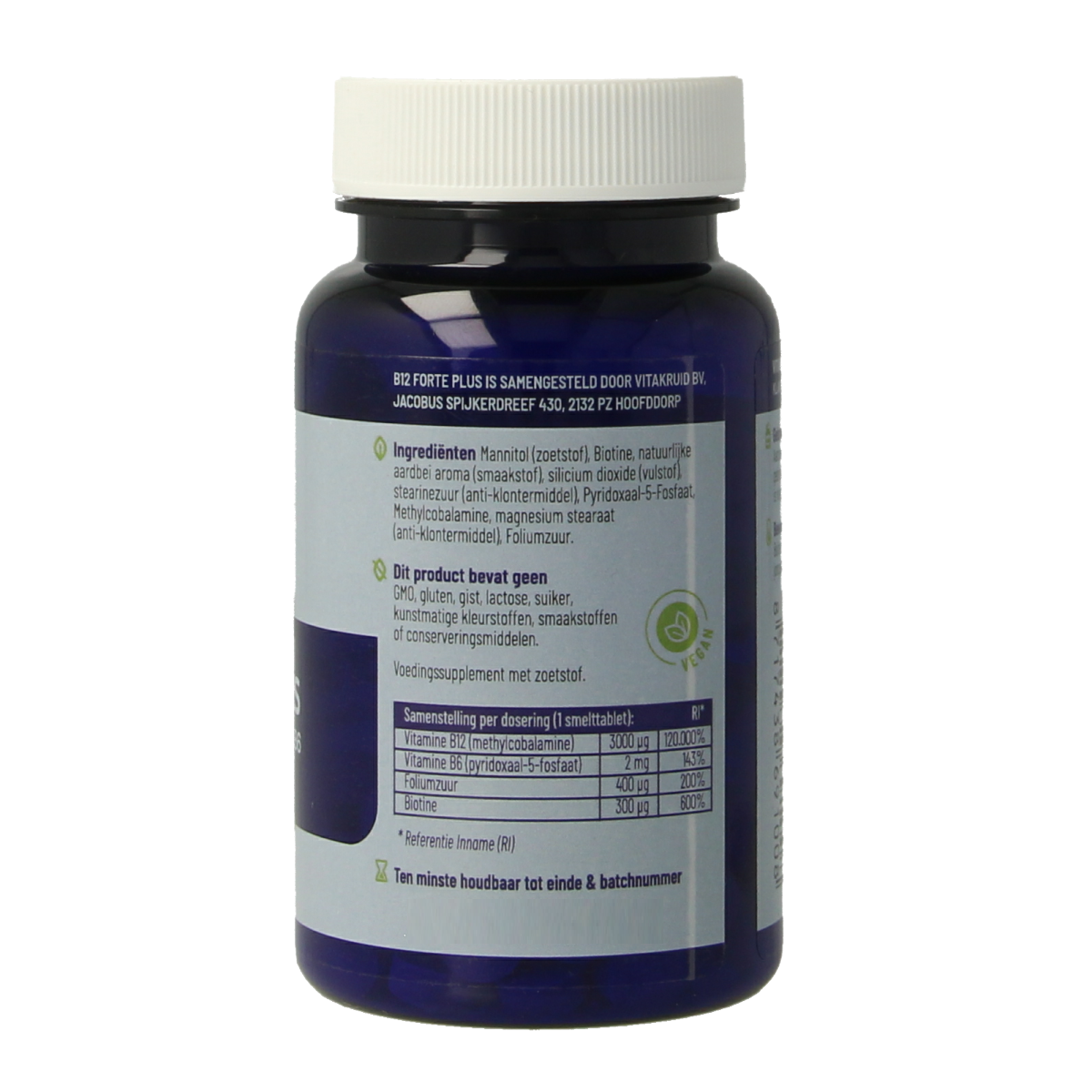 Vitakruid B12 Forte Plus 3000 mcg vitamin B12 supplement in a blister pack of 60 smelttabletten, with P-5-P for energy support.