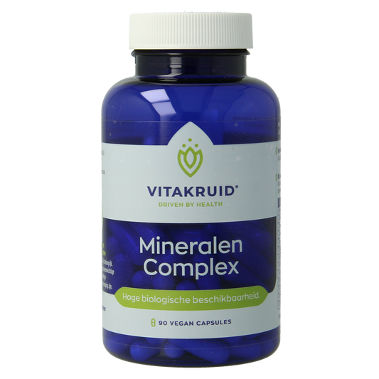 Vitakruid Mineralen Complex vegetarian capsules with 12 essential minerals, 90 capsules displayed in bottle.