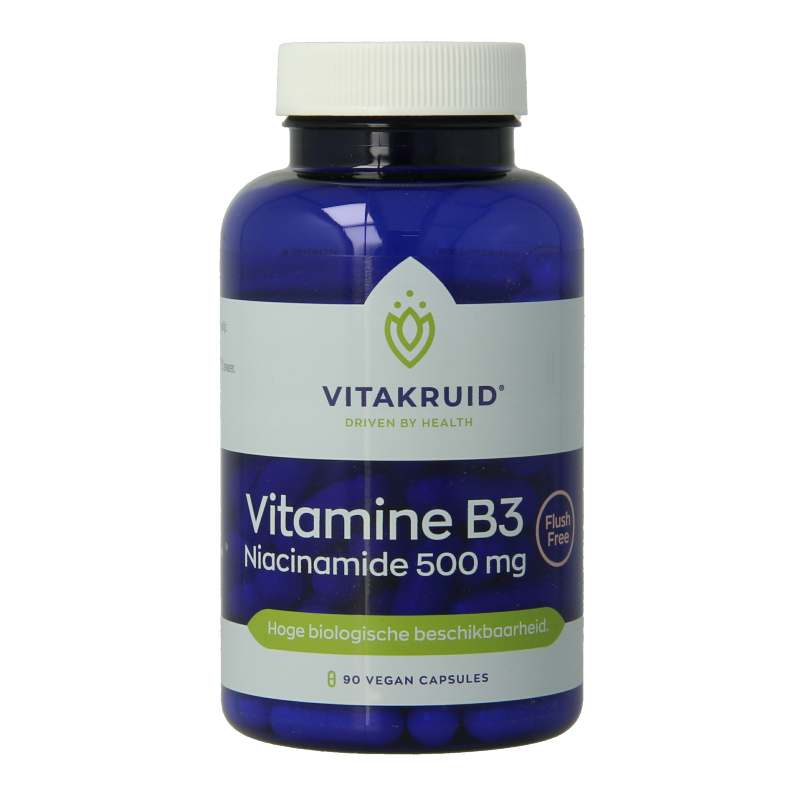 Vitakruid Vitamin B3 Niacinamide 500 mg flush-free vegetarian capsules, close-up of the supplement bottle and capsules.
