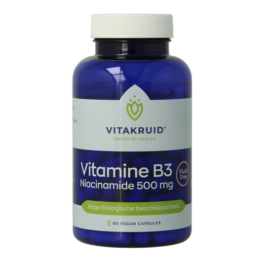 Vitakruid Vitamin B3 Niacinamide 500 mg flush-free vegetarian capsules, close-up of the supplement bottle and capsules.