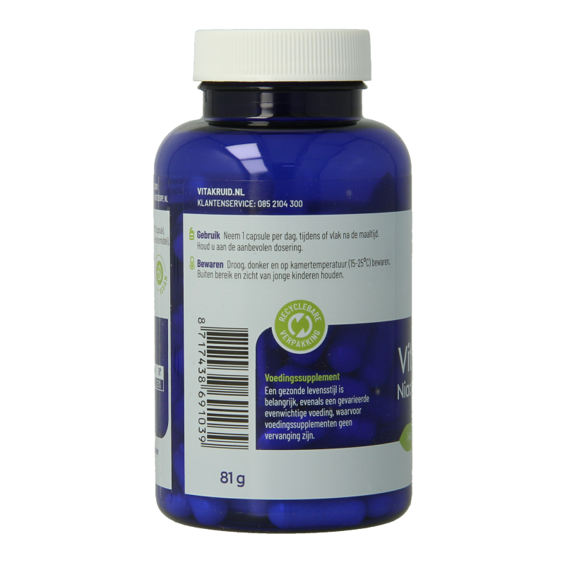 Bottle of Vitakruid Vitamin B3 Niacinamide 500 mg flush-free vegetarian capsules, showing the product label and capsules inside.