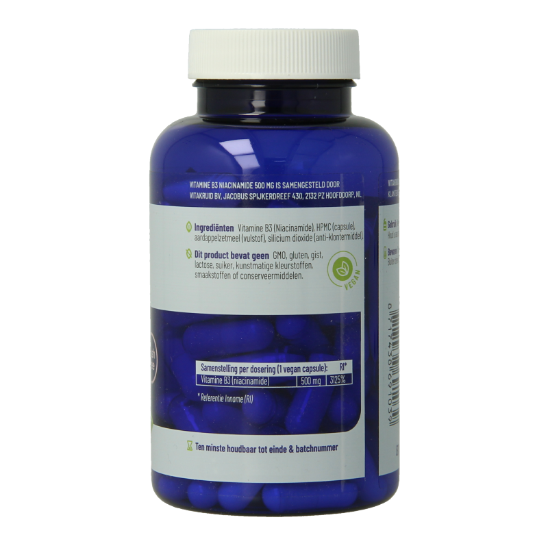 Vitakruid Vitamin B3 Niacinamide 500 mg flush-free vegetarian capsules, close-up of the supplement bottle and capsules.