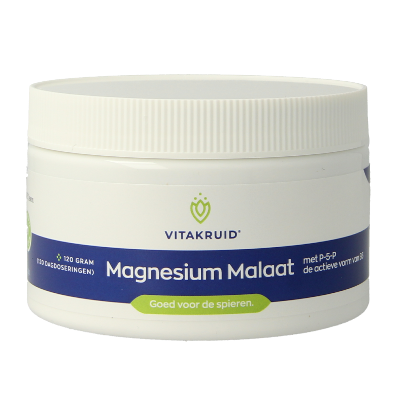 Vitakruid Magnesium Malaat with Vitamin B6 supplement in 120g jar, showing the mineral supplement container and label details.