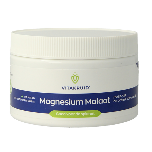 Vitakruid Magnesium Malaat with Vitamin B6 supplement in 120g jar, showing the mineral supplement container and label details.