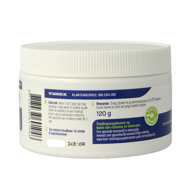 Bottle of Vitakruid Magnesium Malaat with Vitamin B6 supplement, 120 grams, featuring mineral tablets in a clear container.