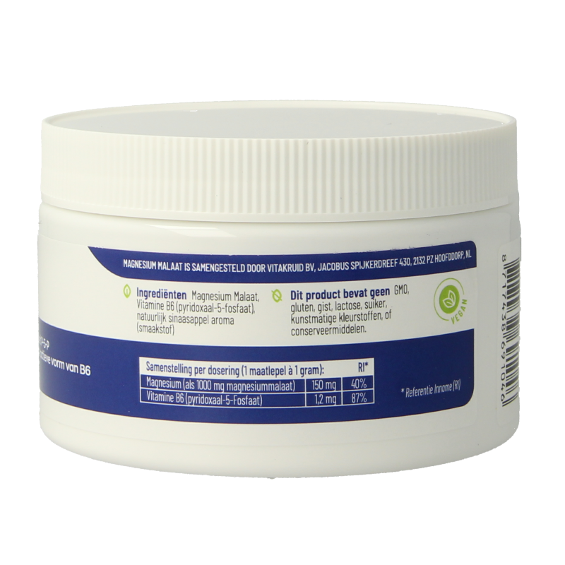 Bottle of Vitakruid Magnesium Malaat with Vitamin B6 dietary supplement, showing the product label and 120g packaging.
