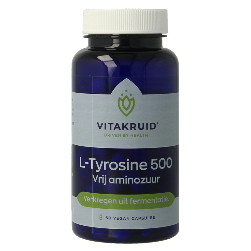 Vitakruid L-Tyrosine 500mg amino acid supplement in 60 vegetarian capsules, showing the supplement bottle on a white background.