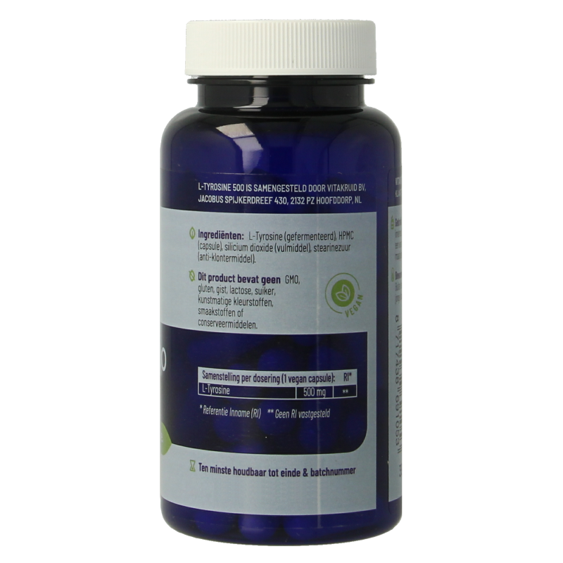 Vitakruid L-Tyrosine 500mg amino acid capsules, 60 vegetarian capsules from fermentation, dietary supplement for mental focus