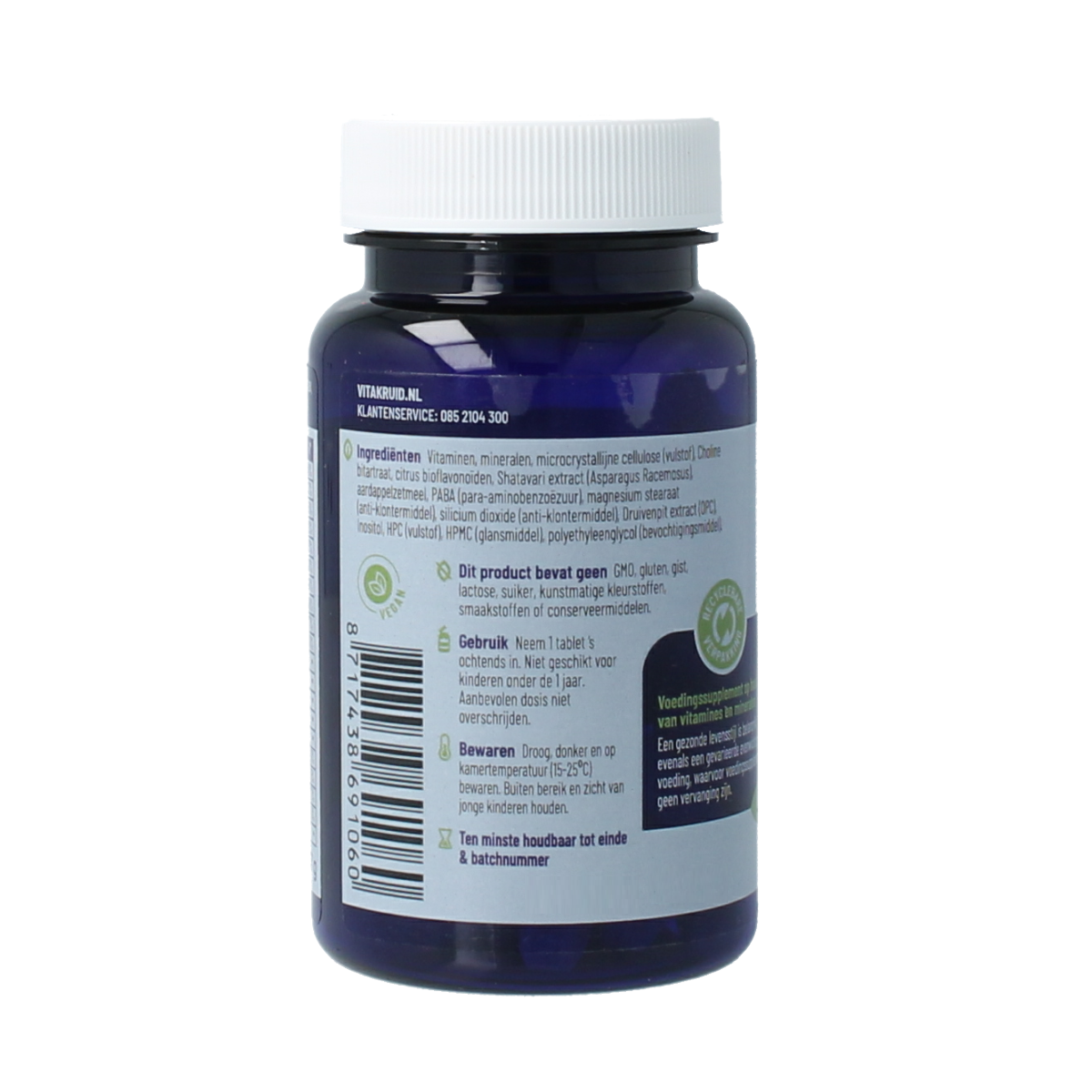 Bottle of Vitakruid Multi Dag Vrouw 100% Vegan multivitamin tablets, showing the label and supplement packaging.