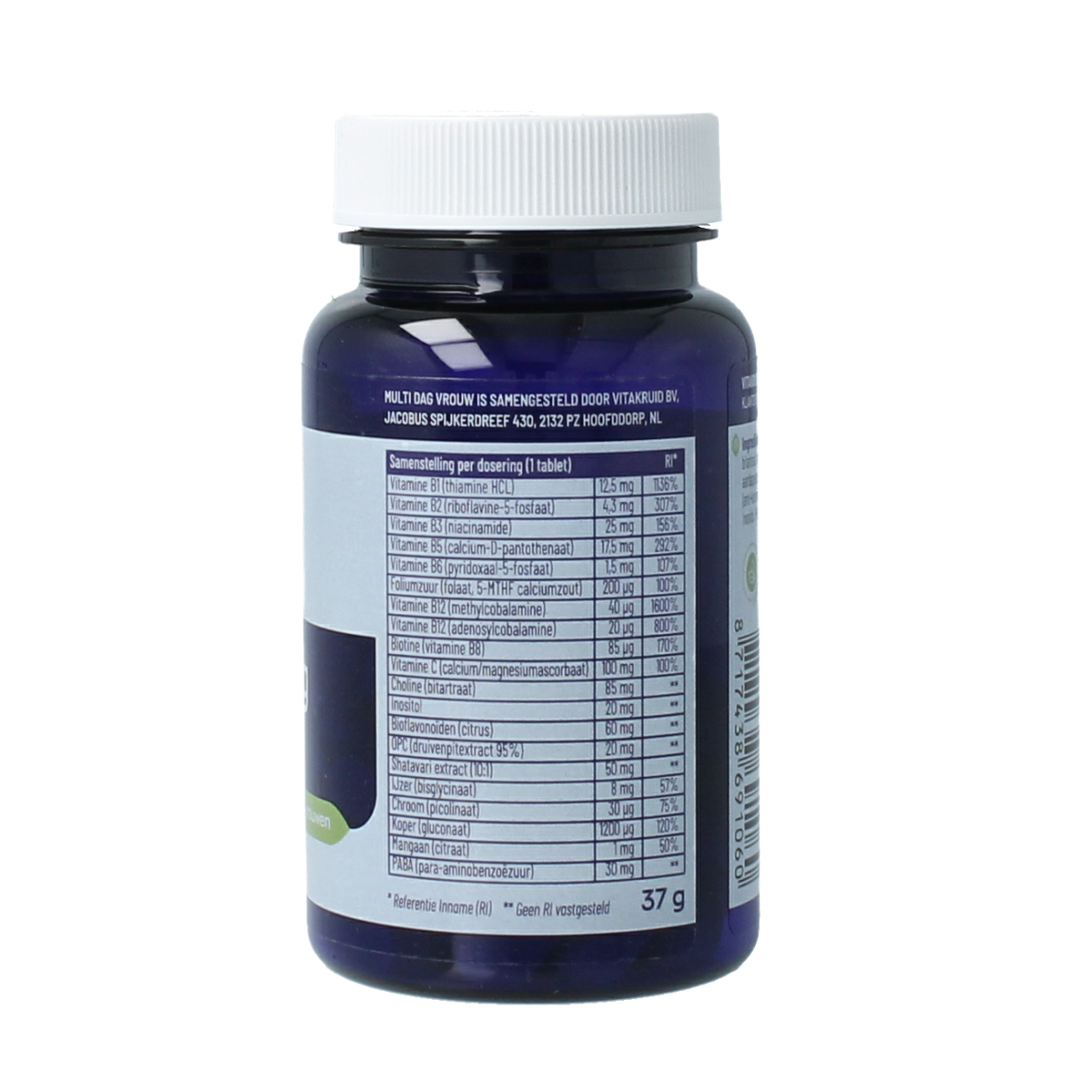 Vitamins and minerals supplement in a bottle labeled Vitakruid Multi Dag Vrouw, 100% vegan, 30 tablets, for women's daily health.