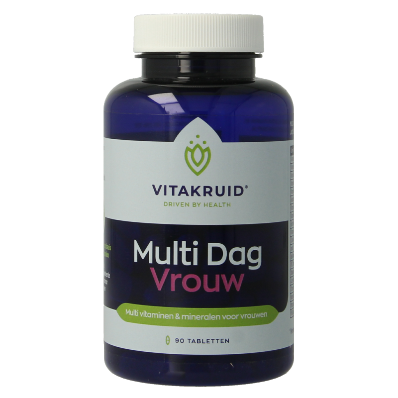 VitaKruid Multi Dag Vrouw vegan multivitamin tablets in a bottle, showing 90 tablets on the label.