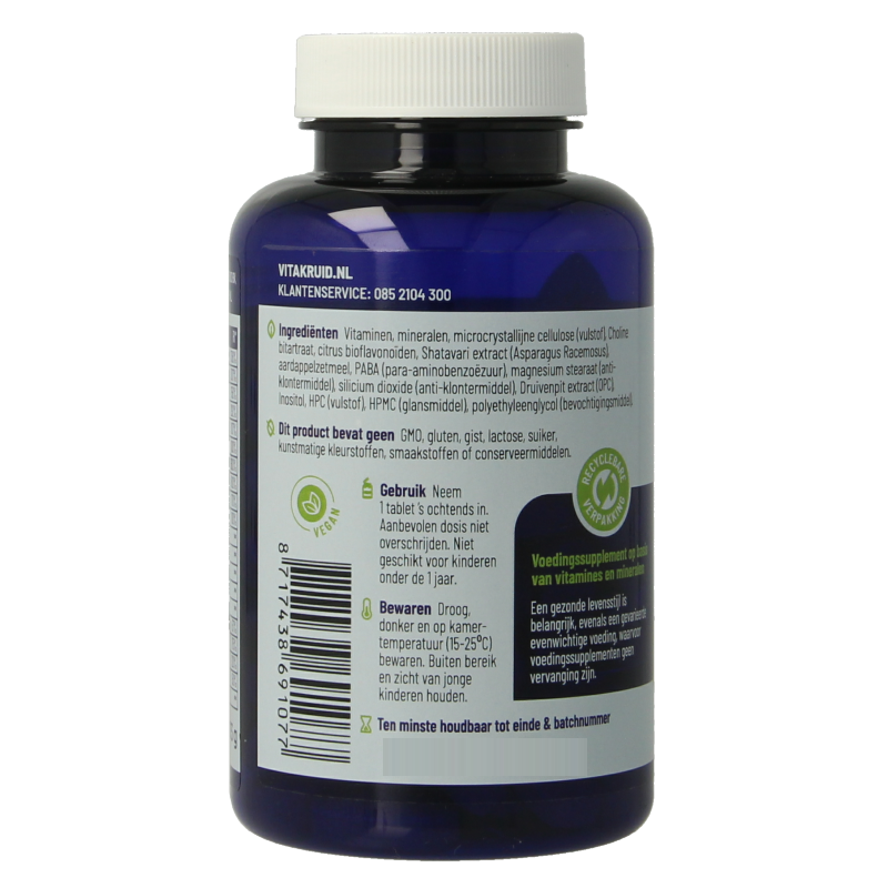 Bottle of Vitakruid Multi Dag Vrouw 100% Vegan multivitamins with 90 tablets, featuring colorful label and product details.