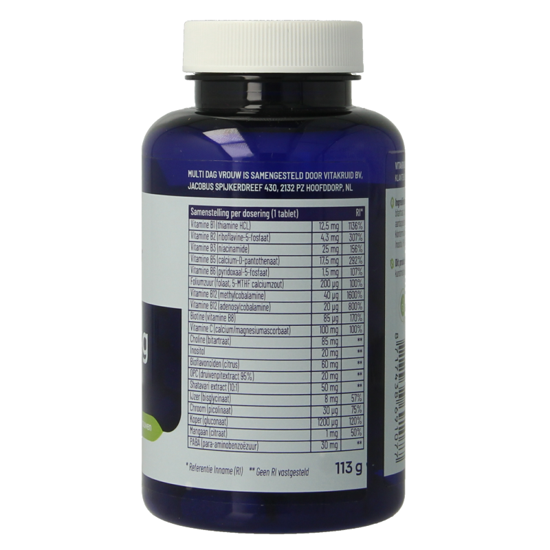 VitaKruid Multi Dag Vrouw vegan vitamin supplement in a bottle with 90 tablets, showing the product label and tablets inside.