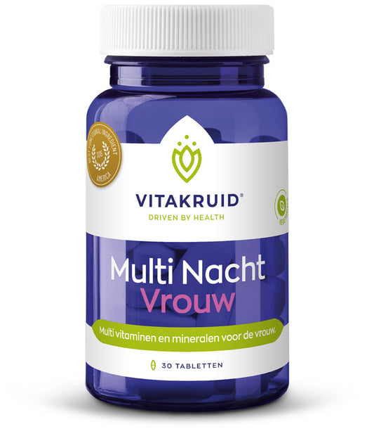 VitaKruid Multi Nacht Vrouw vegan multivitamin tablets in a bottle, designed for women's nighttime health and wellness.