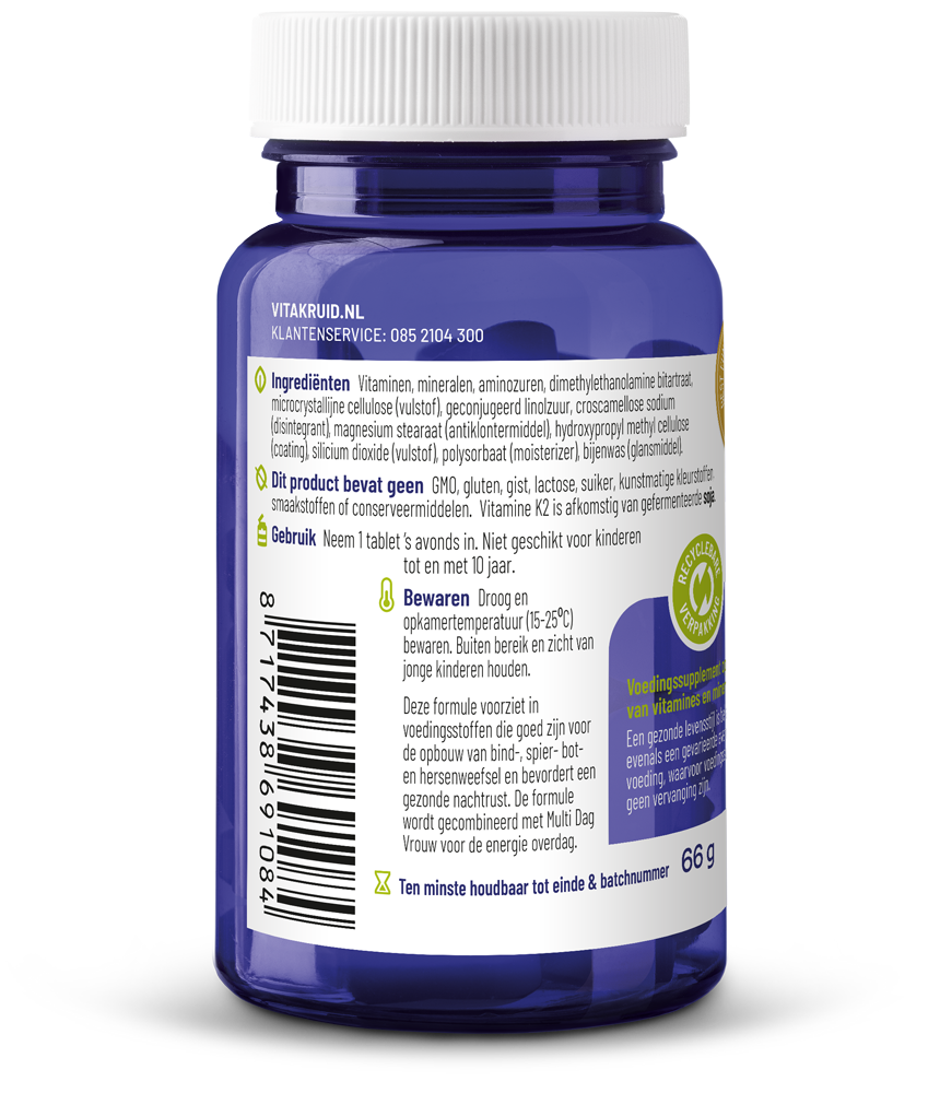 Vitakruid Multi Nacht Vrouw vegan multivitamine tabletten, 30 stuks, showing the supplement bottles with label details.