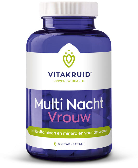 Vitakruid Multi Nacht Vrouw vegan multivitamin bottle with 90 tablets, featuring colorful label and supplement details.