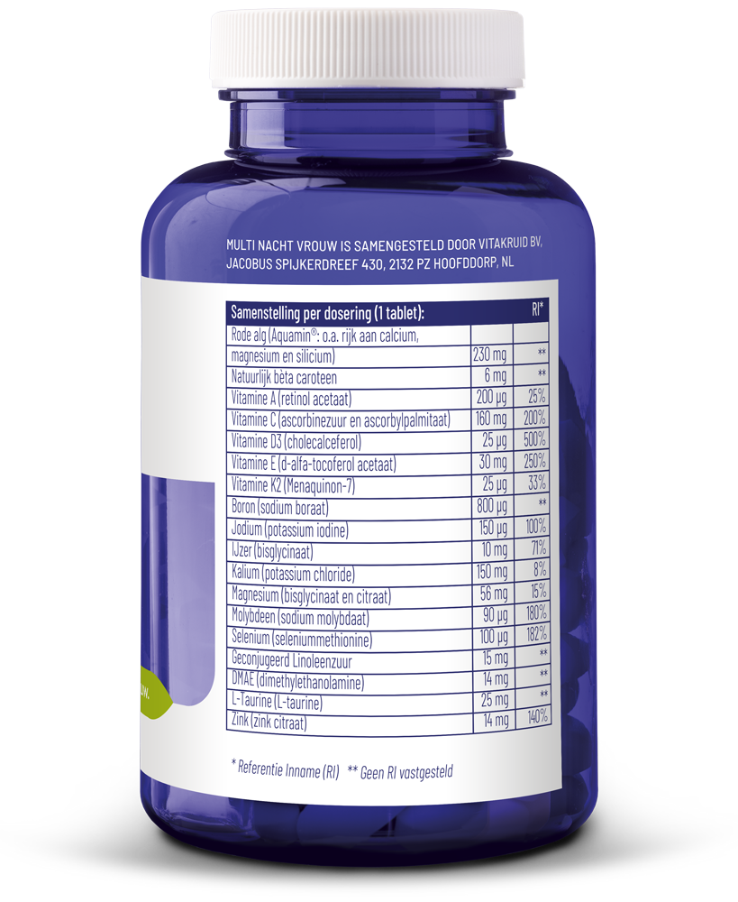 VitaKruid Multi Nacht Vrouw vegan multivitamin tablets in a bottle, designed for women’s nighttime nutritional support.