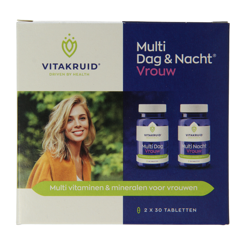 Vitakruid Multi Dag & Nacht Vrouw vegan multivitamin tablets, 60 count, for daily women’s health and wellness.