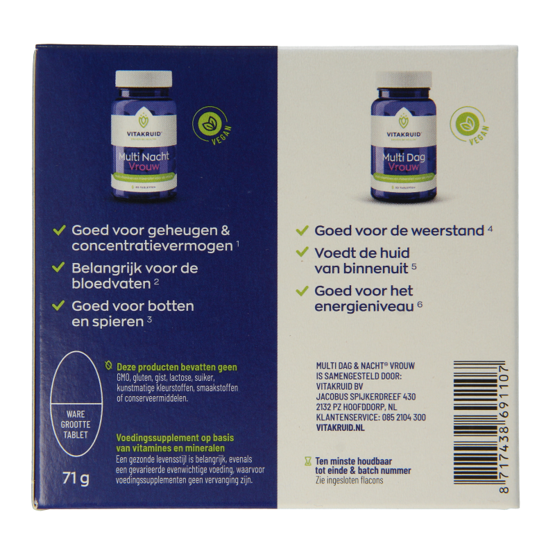 Vitakruid Multi Dag & Nacht Vrouw vegan multivitamin tablets, 60 count, showing the product packaging and tablets.