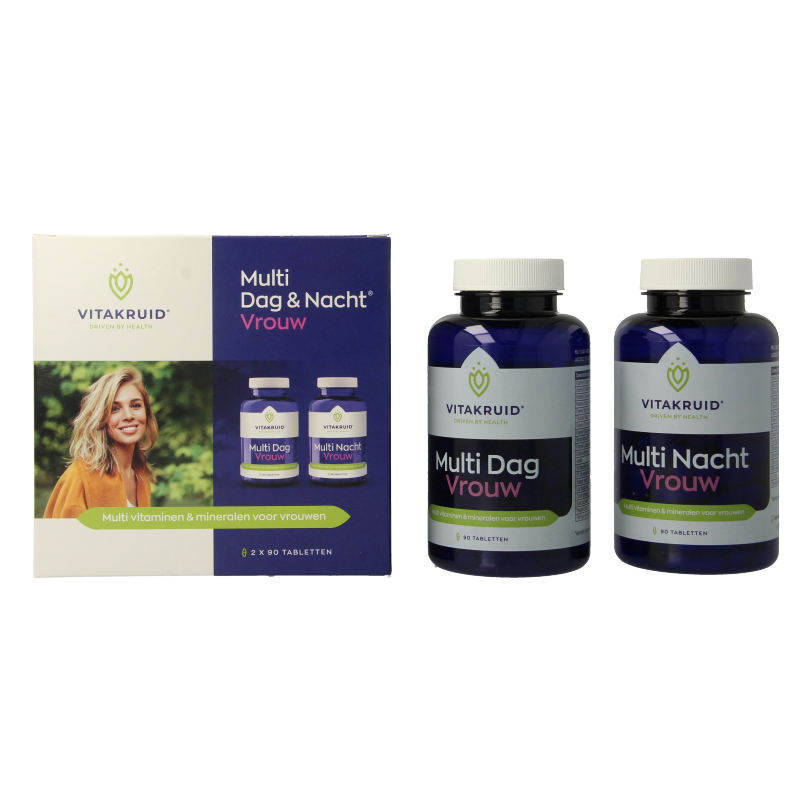 Vitakruid Multi Dag & Nacht Vrouw vegan vitamin supplement bottles with 180 tablets, suitable for daily and night use.