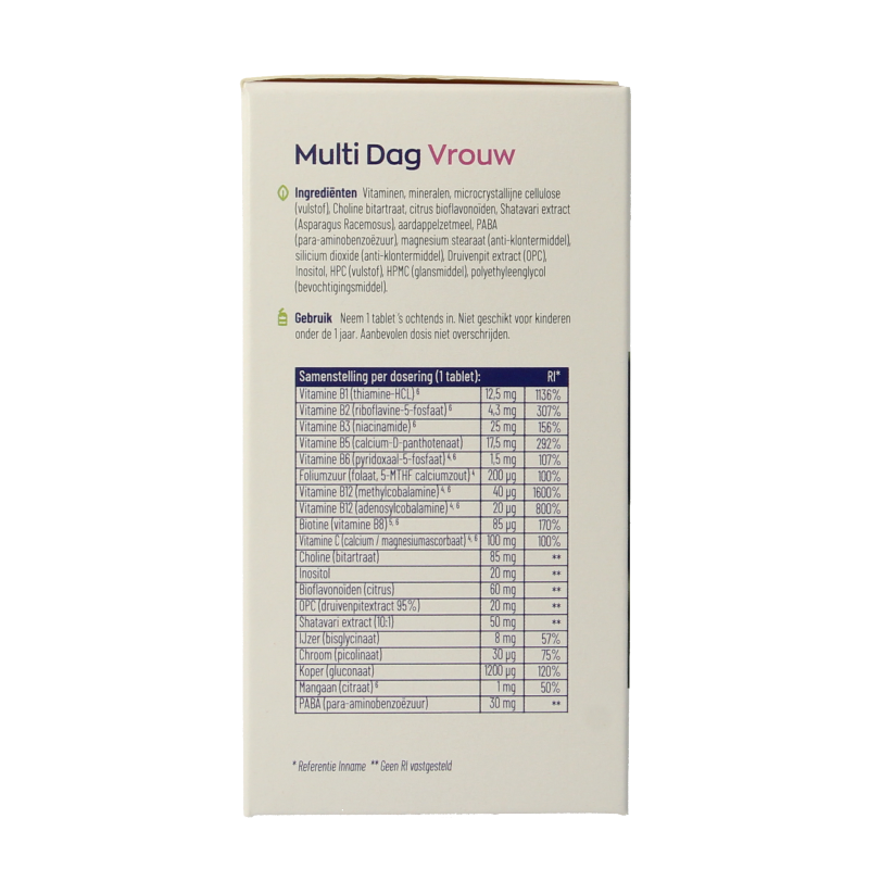 Bottle of Vitakruid Multi Dag & Nacht Vrouw vegan multivitamin tablets showing the label and packaging design.
