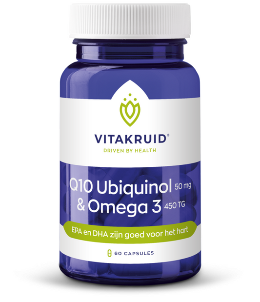 Bottle of Vitakruid Q10 Ubiquinol 50 mg and Omega 3 450 TG capsules, dietary supplement for heart health and energy.