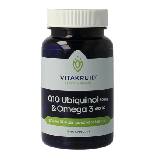 Bottle of Vitakruid Q10 Ubiquinol 50 mg and Omega 3 450 TG capsules with label showing product name and capsules inside.