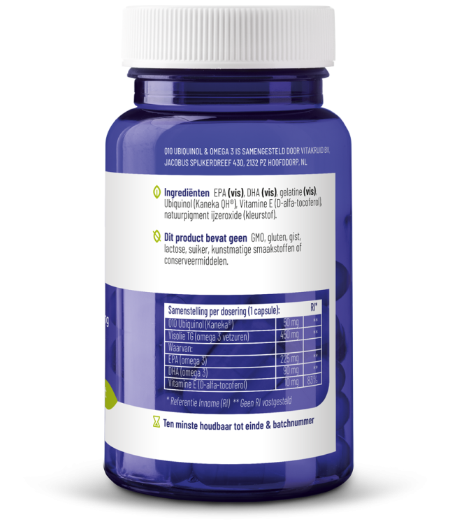 Vitakruid Q10 Ubiquinol 50 mg and Omega 3 450 TG capsules, dietary supplements in a bottle with green label.