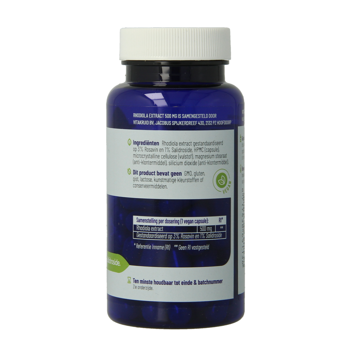 Vitakruid Rhodiola extract vegetarian capsules with 500 mg, 3% Rosavin, 1% Salidroside, herbal supplement in a blister pack