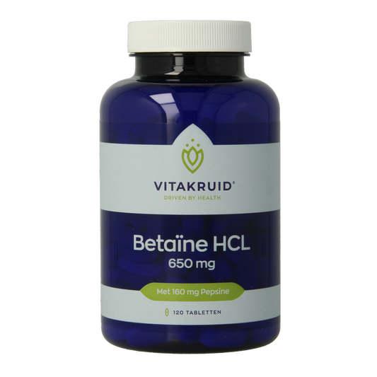 Vitakruid Betaine HCL 650mg and pepsin 160mg amino acid supplement tablets in blister pack, natural digestive support.