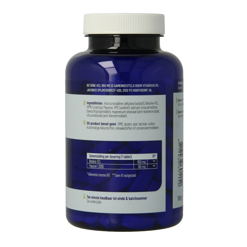Vitakruid Betaine HCL 650mg and pepsin 160mg amino acid supplement tablets in blister pack, 120 tablets.