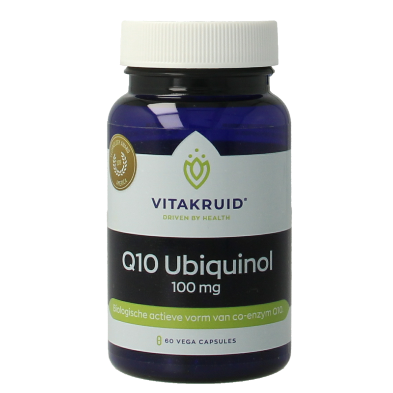 Vitamins Vitakruid Co-enzyme Q10 Ubiquinol 100 mg vegetarian capsules, showing the product bottle and capsules.