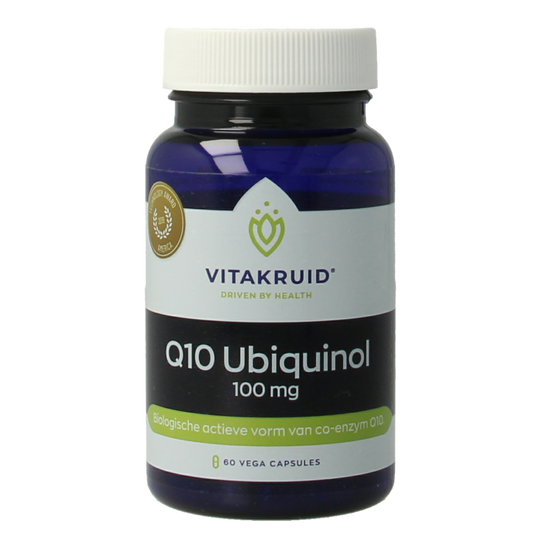 Vitamins Vitakruid Co-enzyme Q10 Ubiquinol 100 mg vegetarian capsules, showing the product bottle and capsules.