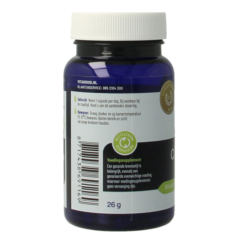 Vegetarian capsules of Vitakruid Co-enzym Q10 Ubiquinol 100mg, active form Kaneka, in a clear container with capsules visible inside.