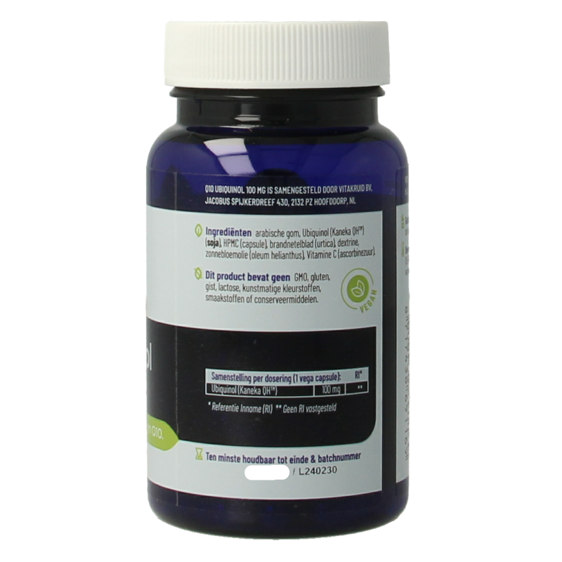 Vitamins supplement Vitakruid Co-enzym Q10 Ubiquinol Kaneka 100 mg vegetarian capsules, close-up of the bottle with capsules.
