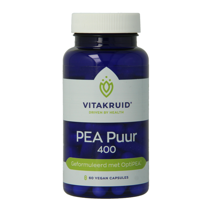 Vegetarian capsules of Vitakruid PEA Puur 400 OptiPEA Palmitoylethanolamide, a dietary supplement in a clear bottle.