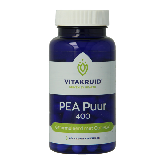 Vegetarian capsules of Vitakruid PEA Puur 400 OptiPEA Palmitoylethanolamide, a dietary supplement in a clear bottle.