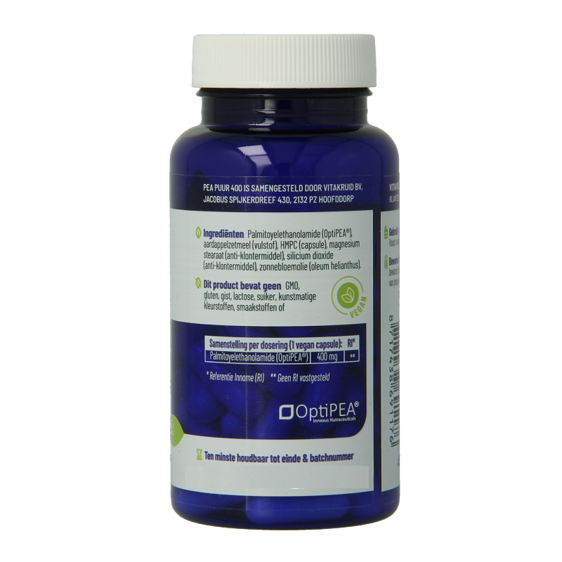 Vitamins and supplements: Vitakruid PEA Puur 400 OptiPEA Palmitoylethanolamide vegetarian capsules in a bottle.