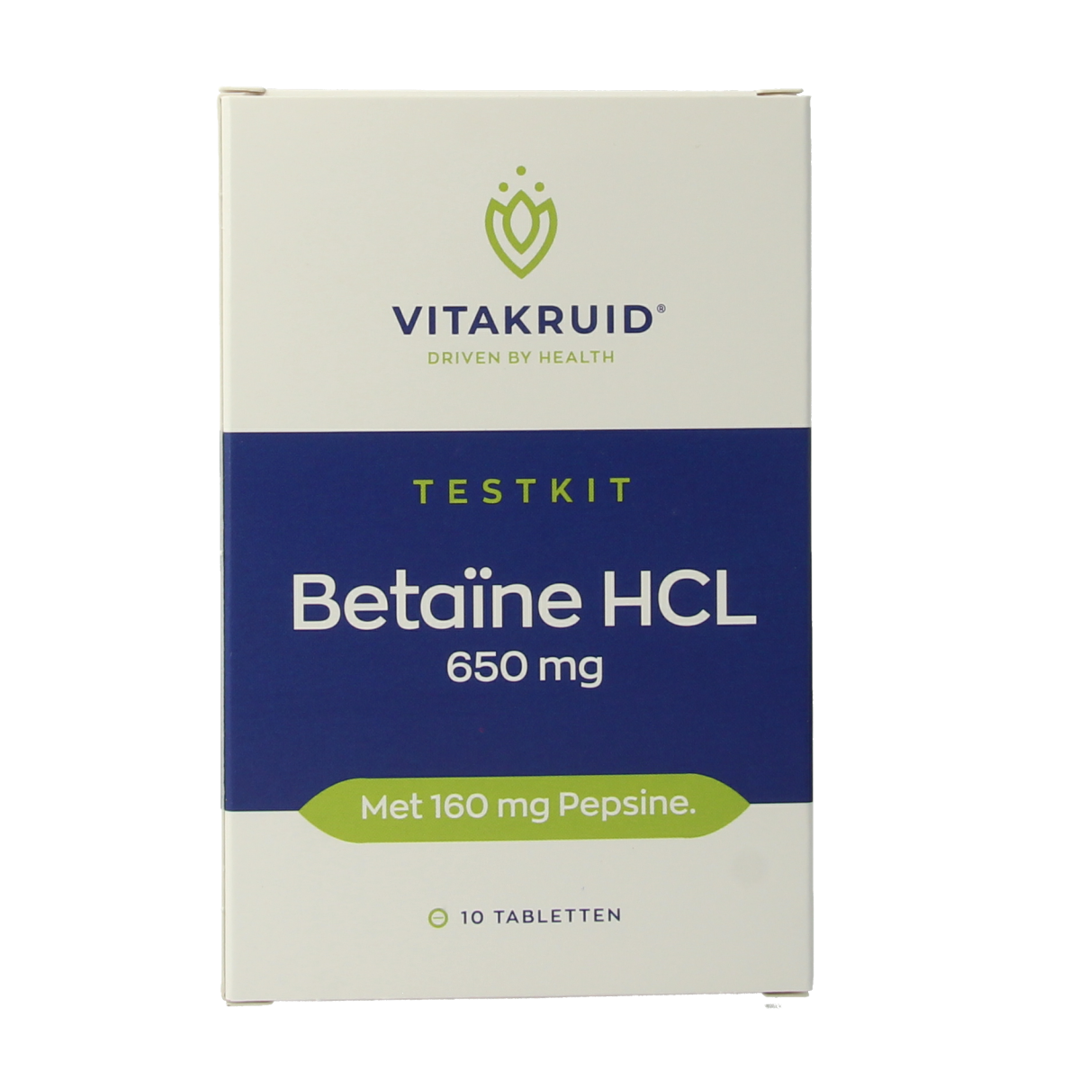 Vitakruid Betaine HCL 650mg and pepsin 160mg test kit with 10 tablets, showing packaging and tablets for amino acid support.