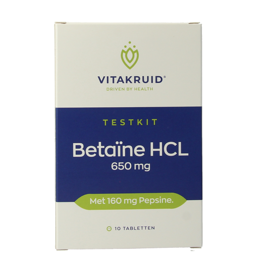 Vitakruid Betaine HCL 650mg and pepsin 160mg test kit with 10 tablets, showing packaging and tablets for amino acid support.