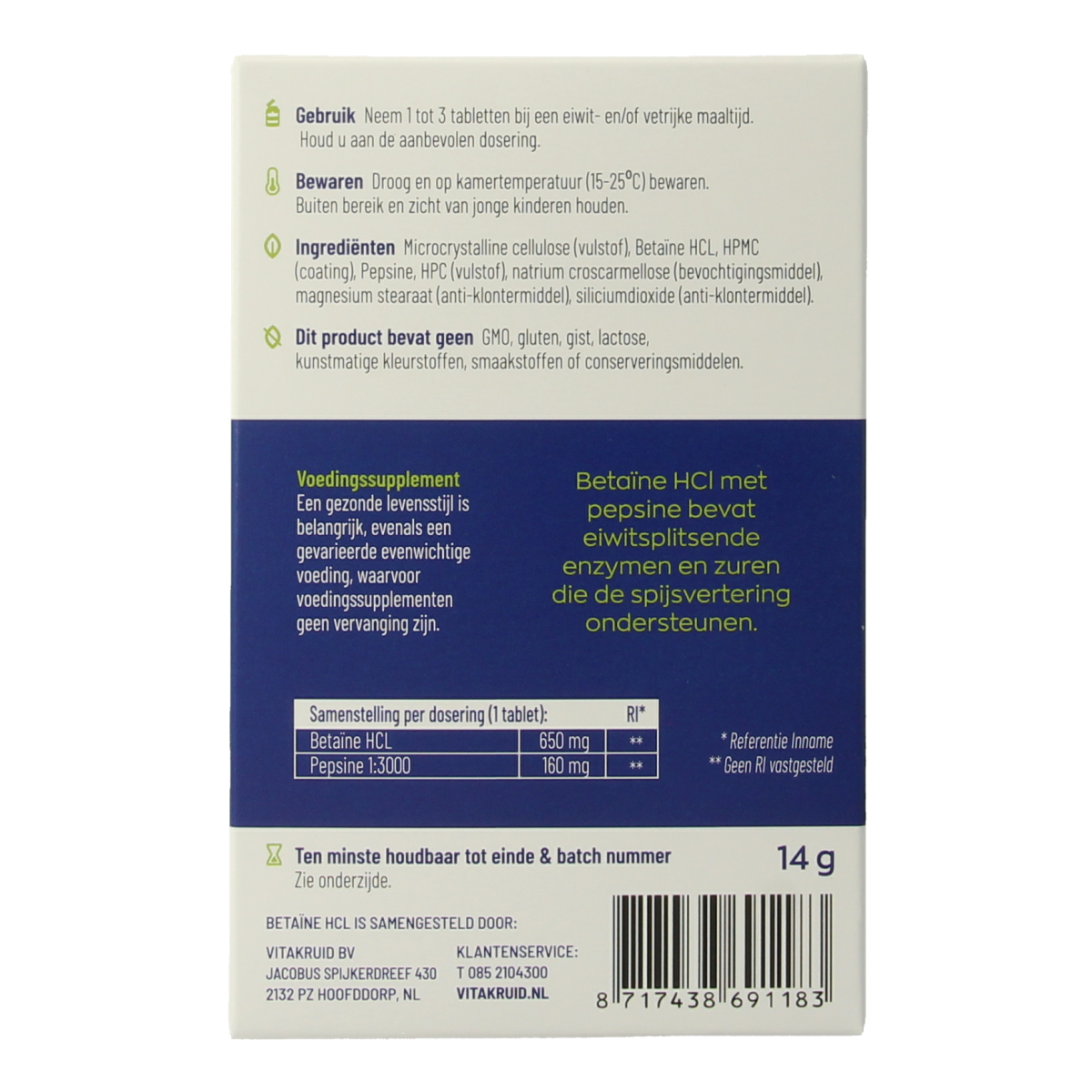 Vitakruid Betaine HCL 650mg and pepsine 160mg test kit with 10 tablets, dietary supplement for digestion support.