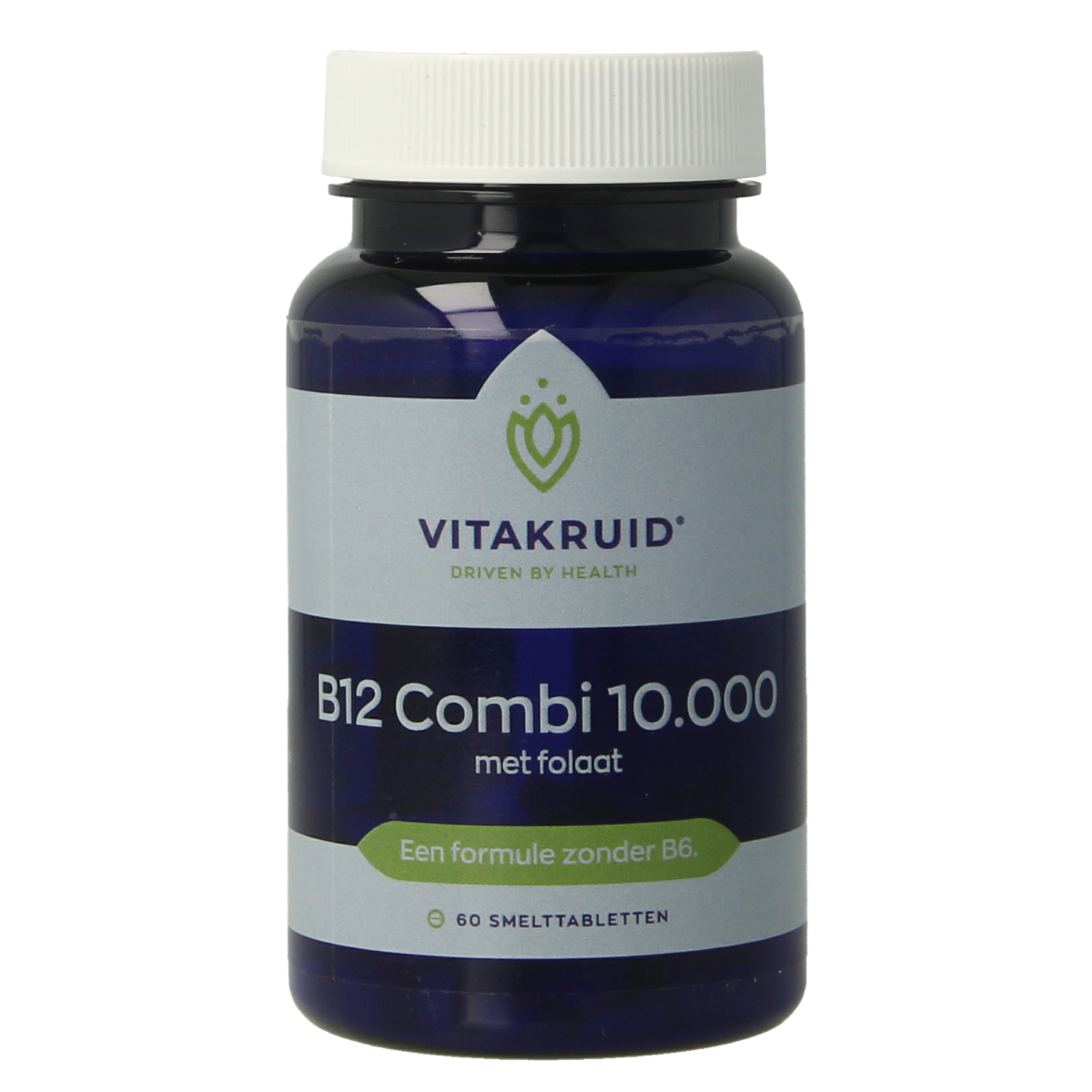 Vitakruid B12 Combi 10,000 with active folate multivitamin tablets in blister pack, showing white and blue tablets.