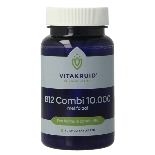 Vitakruid B12 Combi 10,000 with active folate multivitamin tablets in blister pack, showing white and blue tablets.